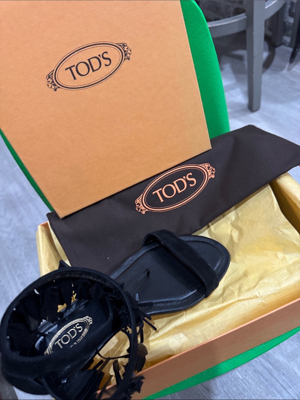 Tod's Black Suede Fringe Slide Sandals with Ankle Wrap
